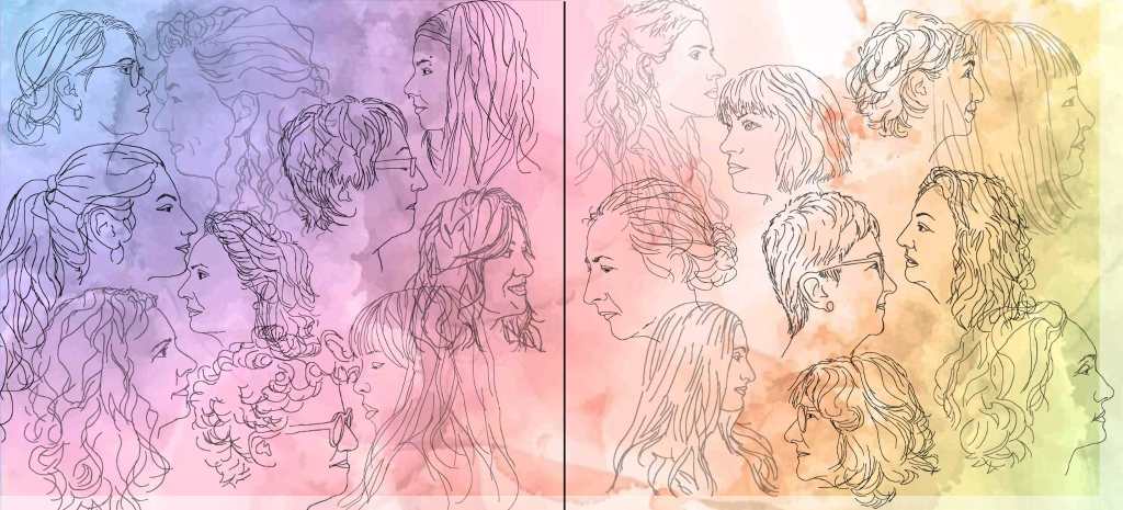 Ilustración a línea de veinte retratos femeninos de perfil sobre fondo de acuarela en tonos rosas y lilas a la izquierda y ocres a la derecha. Representan a las veinte participantes del proyecto.