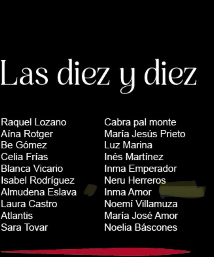 Diapositiva con el listado de las veinte participantes de Las diez y diez sobre fondo negro: escritoras a la izquierda, artistas visuales a la derecha.